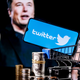 twitter logo on phone, Elon Musk, and money pile